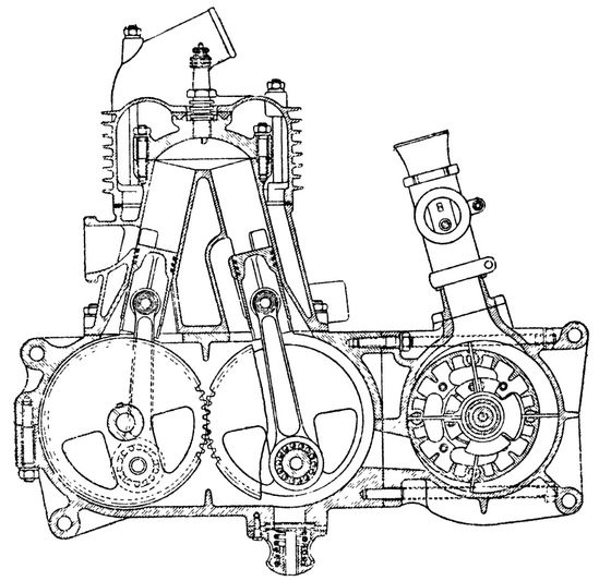 Схема двухтактного двигателя с Л-образным расположением цилиндров