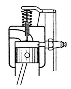 Схема распределительного механизма с однорядным расположением верхних клапанов, имеющих привод через штанги и коромысла от нижнего распределительного вала