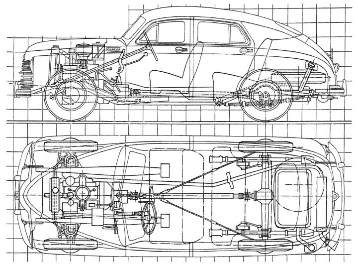 Компоновка автомобиля &laquo;Победа&raquo; ГАЗ-М20 первого выпуска (сторона квадрата координатной сетки составляет 200&nbsp;мм)